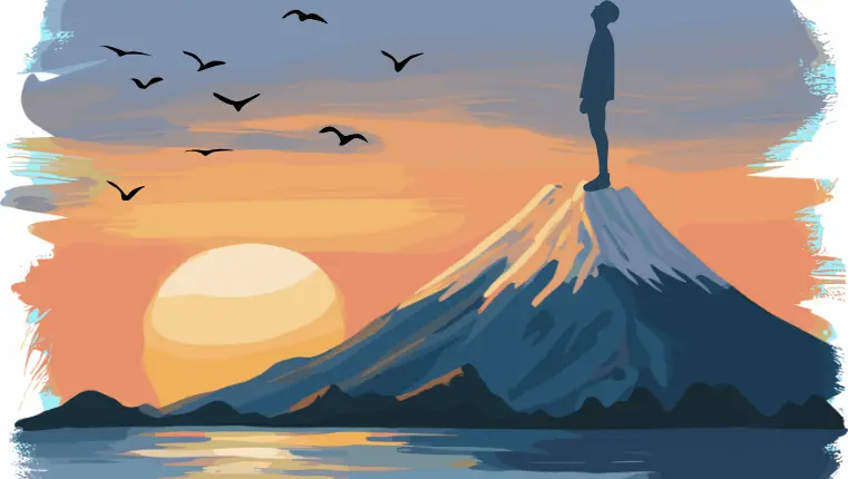 Person Standing Mountain Peak Sunset Illustration Silhouette of a person standing on a mountain peak at sunset, with birds flying in the sky and the sun setting over a calm body of water.