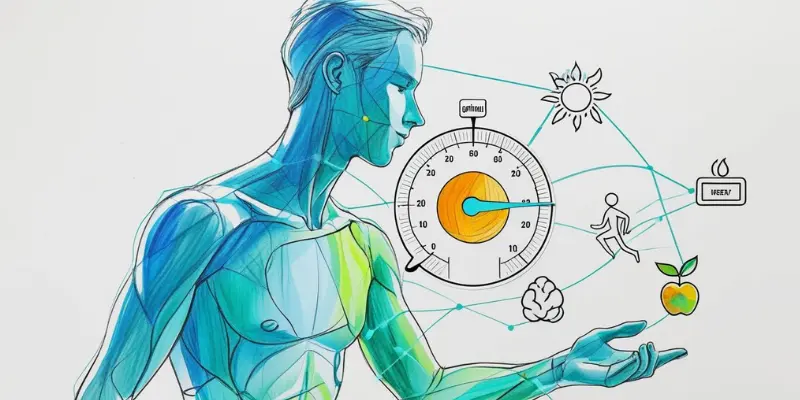 Stylized human figure connected to a central gauge and icons for sun, activity, brain, and diet, illustrating personalized hydration needs.