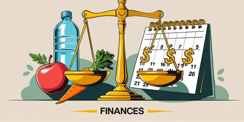 Physical And Financial Fuel Balance Health Wellness Golden balance scale with apple, carrot, and water bottle on one side and a calendar with dollar signs on the other, symbolizing physical and financial well-being.