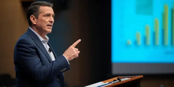 Pointing Speaker Presenting Bar Chart Professional speaker pointing at a visual aid during a presentation, with a bar chart in the background.