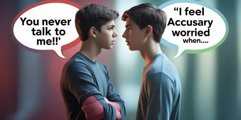 Power Of I Statements Teen Communication A side-by-side image of two teenagers having a conversation. On the left, one teen is speaking accusatorily ('You never talk to me!'), while on the right, the other teen responds with an 'I feel' statement ('I feel worried when...').
