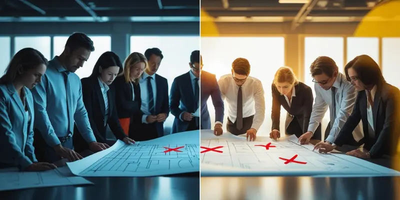 Pre Mortem Vs Post Mortem Planning Split image contrasting a post-mortem analysis of a failed project with a pre-mortem planning session to anticipate risks.