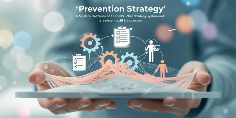 Prevention Strategy System Illustration Illustration of a Prevention Strategy as an interconnected system of checklists, documentation, processes, implementation, and guidance.