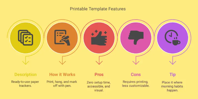 Infographic highlighting features of a printable analog habit template: description, how it works, pros, cons, and usage tip.