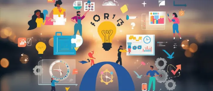 Problem Solving Collaboration Innovation Teamwork Business Solution Illustration of diverse professionals collaborating on problem-solving with charts, gears, graphs, and a glowing light bulb symbolizing innovation and creative solutions.