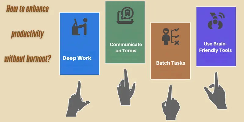 Infographic showing introvert-friendly productivity tips: deep work, batching tasks, async communication, and brain-friendly tools.