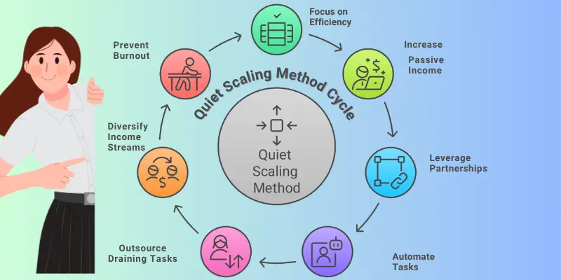 Quiet Scaling Method Cycle Affiliate Marketing Illustration of the Quiet Scaling Method Cycle, with steps like Focus on Efficiency, Increase Passive Income, Leverage Partnerships, Automate Tasks, Prevent Burnout, and Diversify Income Streams, designed for introverted affiliate marketers.