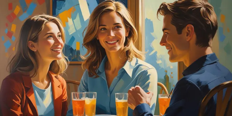 Real Life Meaningful Connections Three people sharing a happy, meaningful conversation in a cafe