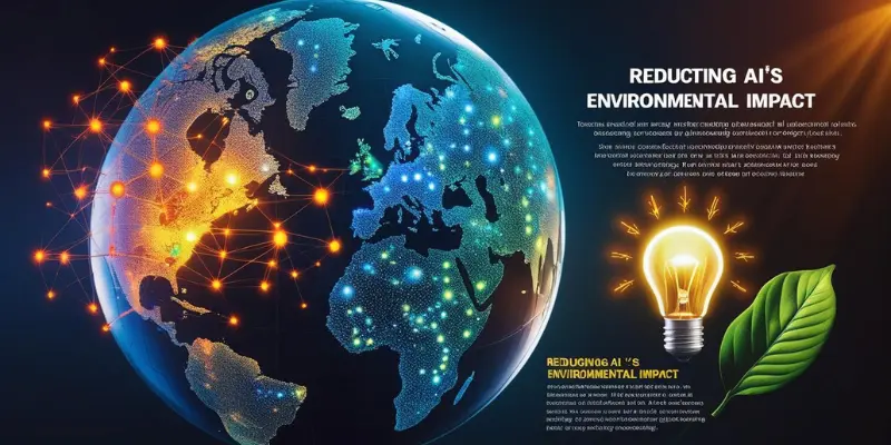 Reducing Ai Environmental Impact Infographic Infographic showing a globe with interconnected nodes and a lightbulb with a leaf, titled 'Reducing AI's Environmental Impact