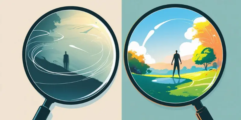 Refocus Perspective Challenge Self Doubt Clarity Two views through lenses: one distorted and uncertain, the other clear and confident, representing a shift in perspective to overcome self-doubt.