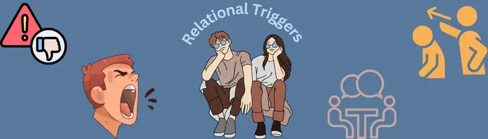 Relational Triggers Cnflict Communication Illustration of a distant couple surrounded by symbols of relational triggers: a yelling man, an angry thumbs-down, and a broken conversation bubble.