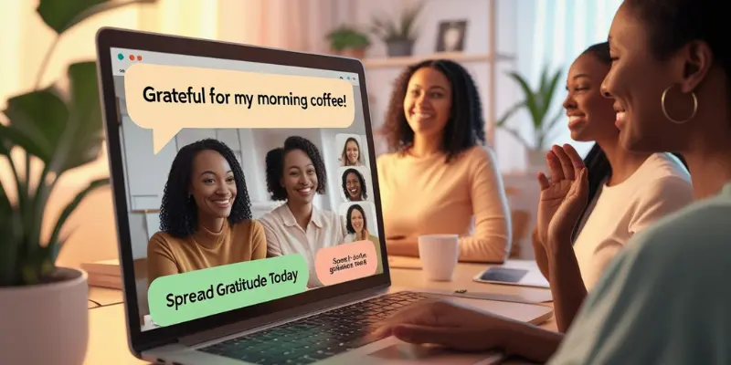 Remote Team Gratitude Round Virtual Meeting Coffee Diverse remote team sharing gratitude in virtual meeting, expressing thanks for morning coffee