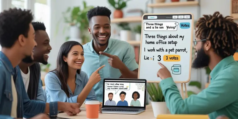Remote Team Two Truths Lie Home Office Activity Diverse remote team playing Two Truths and a Lie, voting on home office setup facts via video call and whiteboard.