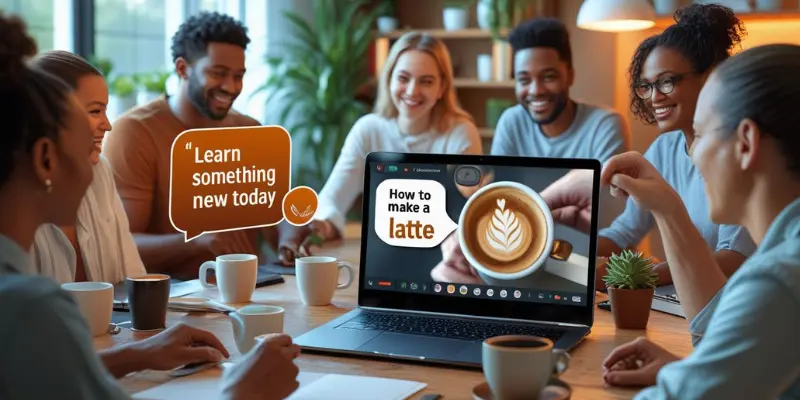 Remote Team How To Session Latte Learning Diverse remote team learning to make a latte in virtual How-To session, fostering connection