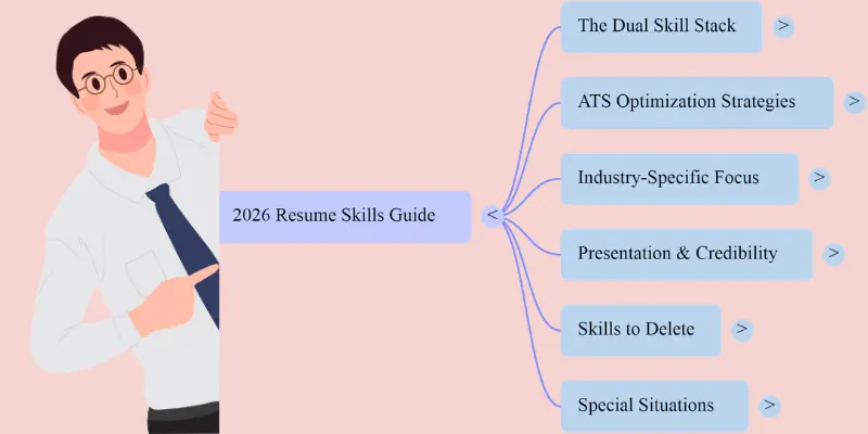 Mind map showing the six key sections of a resume skills guide for 2026 including ATS optimization strategies and the dual skill stack