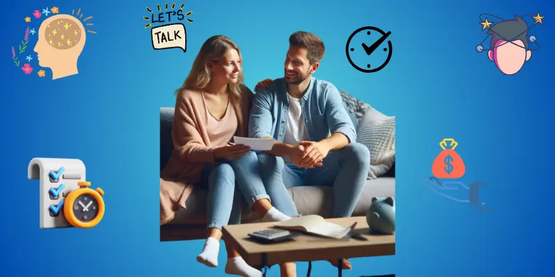 Smiling couple discussing finances in a relaxed home setting, emphasizing the importance of timing and a distraction-free space