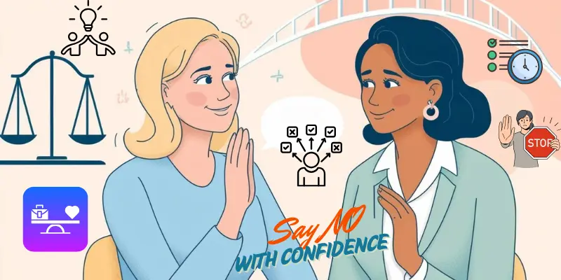 Visual elements for an image about setting boundaries at work, including calm hand gestures, friendly facial expressions, a scale for work-life balance, a bridge with multiple paths symbolizing alternatives, a stop sign with a smile, and two colleagues having a respectful conversation. The design uses soft colors, gradients, and modern icons to convey confidence, kindness, and professionalism in saying no