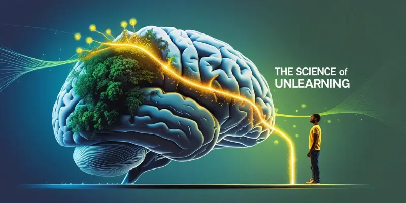 Science Of Unlearning Brain Transformation Illustration of a person facing a glowing brain with green foliage and neural pathways, symbolizing the science of unlearning habits and brain transformation.