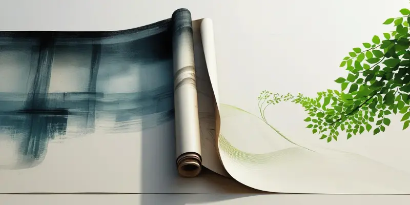 Scroll Unfurling Disengagement To Purposeful Engagement A scroll unrolls from a dark, chaotic pattern to reveal a clear, serene landscape with green leaves, symbolizing a shift to purposeful engagement.