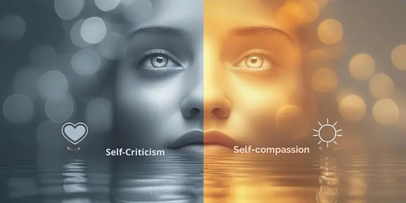 Self Compassion Vs Self Criticism Mindset A split-image visual of a person's face, comparing self-criticism and self-compassion.