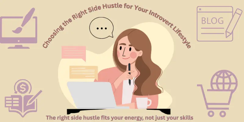 Introvert woman working on side hustle with icons for blogging, design, e-commerce, and bookkeeping around her.
