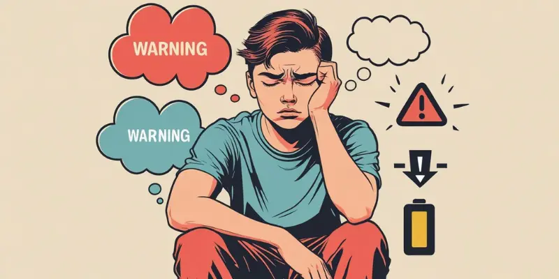 Signs Of Survival Instinct Overload Burnout Stress A stressed young person sitting with hand on forehead, surrounded by warning signs, low battery icon, and thought bubbles symbolizing emotional overload and burnout.