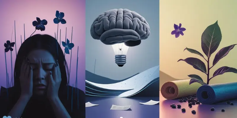 Sleep Disruption Costs Mood Focus Selfcare Three-panel image showing sleep disruption costs: stressed person with drooping flowers, foggy brain with dim light bulb, and wilted plant with yoga mats, tied by a sleep wave.