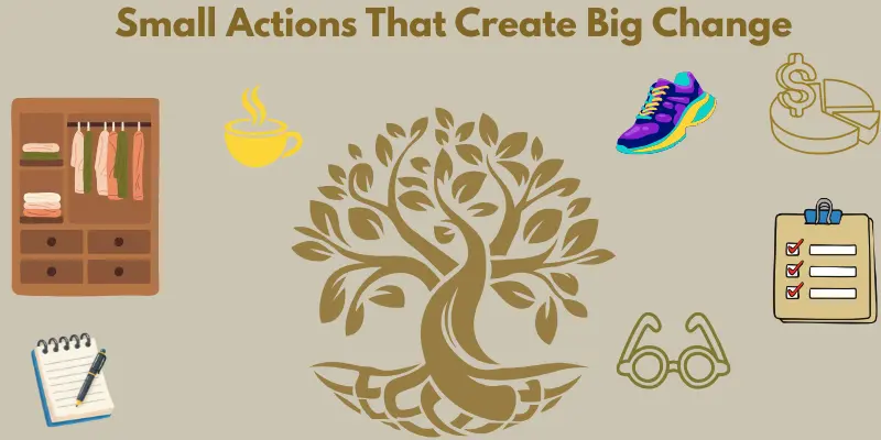 Small Actions Big Change Infographic Infographic titled Small Actions That Create Big Change featuring a central gold tree of life surrounded by lifestyle icons.