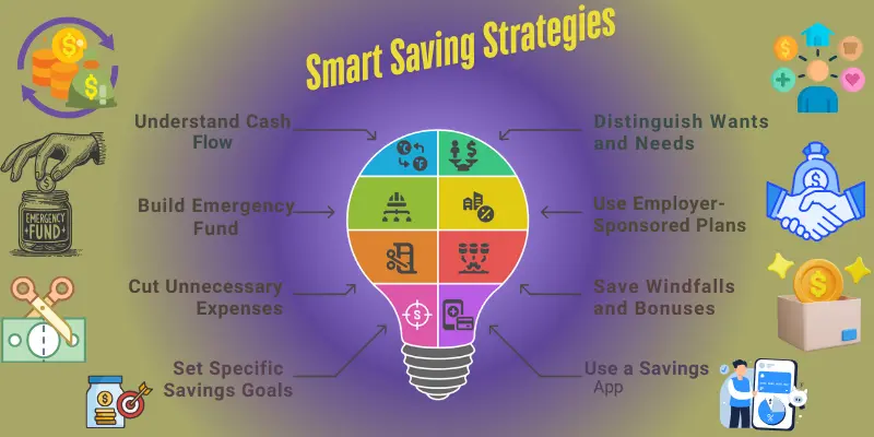 Smart Saving Strategies Image titled 'Comprehensive Saving Strategies,' showing icons for building an emergency fund, cutting expenses, and setting goals. Features diverse professionals and savings apps, highlighting practical strategies for financial wellness through saving