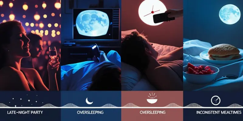 Social Jet Lag Causes Late Night Oversleep Mealtimes Four-panel image showing causes of social jet lag: late-night party with a wine glass, binge-watching with a TV remote, oversleeping in bed, and inconsistent mealtimes with a burger and fruit, with a circadian rhythm wave.