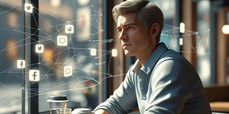 Social Media Comparison Pervasive Influence Thoughtful man surrounded by a glowing network of social media icons, symbolizing pervasive comparison culture.