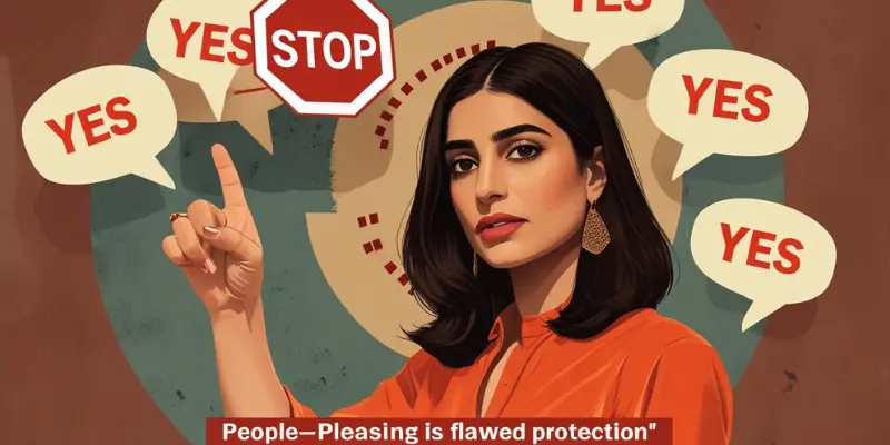 Social Self Sabotage Trap People Pleasing Flawed Protection Illustration of a woman in an orange shirt holding up a stop sign, surrounded by speech bubbles with the word 'YES.' The text below reads 'People-Pleasing is Flawed Protection.