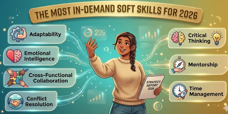 Illustrated infographic titled The Most In-Demand Soft Skills for 2026 showing seven key resume soft skills including adaptability emotional intelligence cross-functional collaboration conflict resolution critical thinking mentorship and time management