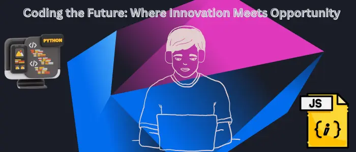 Software Development Careers Coding Ai Job Growth Salary Futuristic illustration of a software developer working on a laptop, surrounded by holographic coding screens with Python and JavaScript icons, symbolizing coding, AI, and automation opportunities.