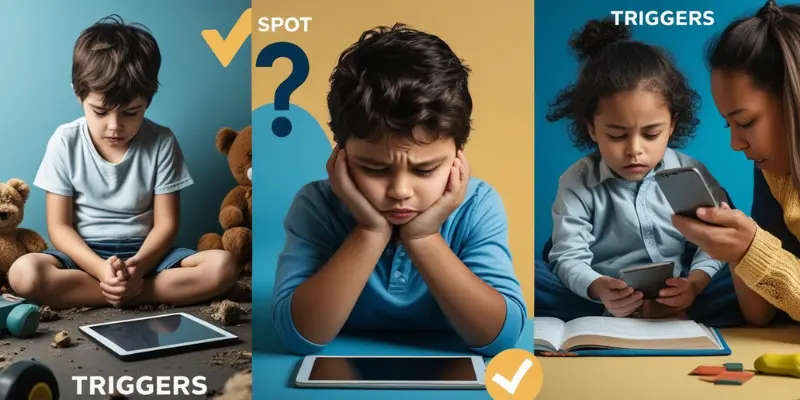 Spot Triggers Digital Detox Alternatives Three-panel image showing children with screen triggers (boredom, stress, transitions) and healthy alternatives, promoting digital detox.