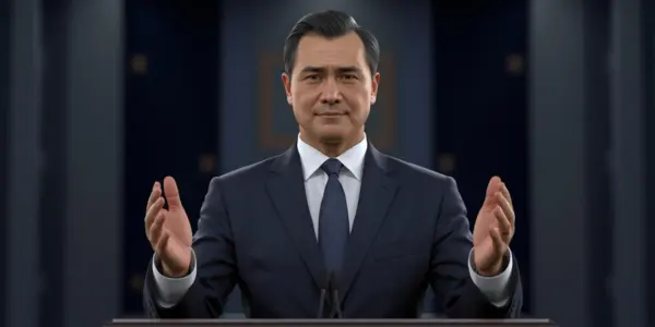 Steepling Gesture Authority Confidence Public Speaking Confident speaker demonstrating the steepling gesture with fingertips pressed together to convey authority and calm thoughtfulness.