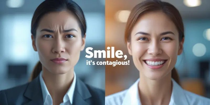 Stern Expression Vs Smiling Contagious Side-by-side comparison of a stern face and a smiling face with the overlay text 'Smile, it's contagious!' in the middle.