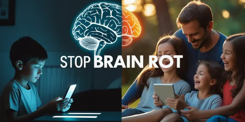 Stop Brain Rot Digital Detox Family Split image showing a child on a phone with brain rot effect versus a happy family outdoors, promoting digital detox.