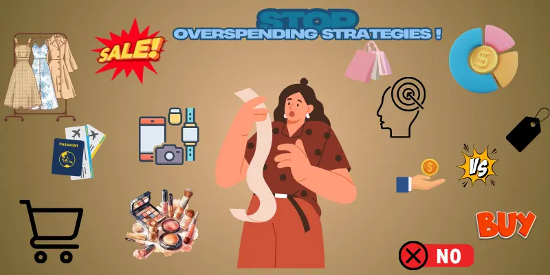 Visual guide to stop overspending: No Buy strategy and sale avoidance tips.