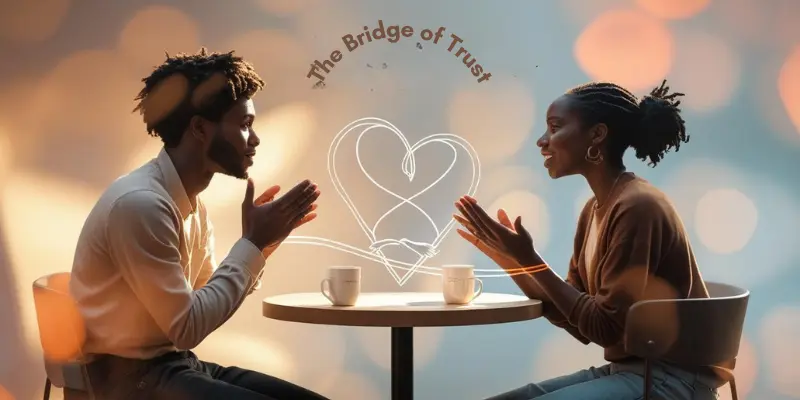 Strengthens Relationships Bridge Of Trust Two people at a round table talk over coffee; illustrated hands forming a heart above them symbolize trust and connection.