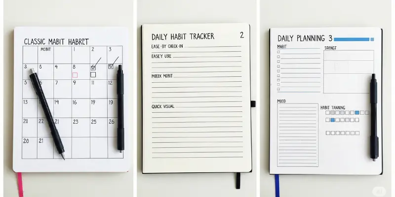 Three bullet journal habit tracker layouts for students.