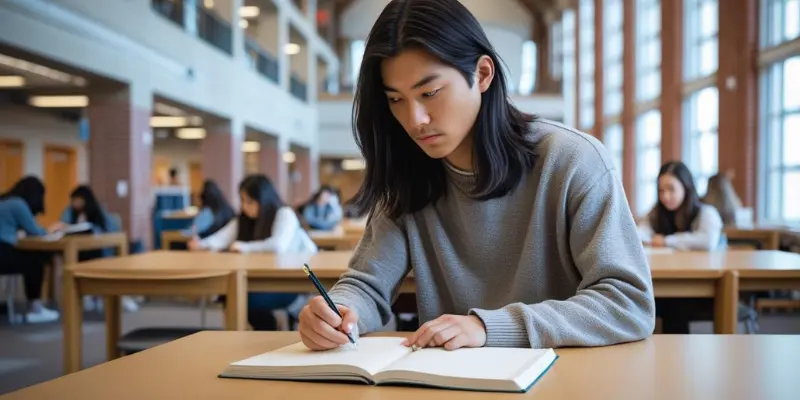 Student Focus Mental Clarity Library East Asian student focused on writing in a notebook in a library.