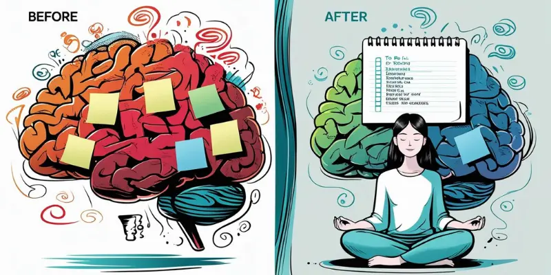 Sunday Reset Brain Dump Clarity Process Split illustration for The Sunday Reset blog showing a cluttered brain with sticky notes before a brain dump, and a calm brain with a checklist and meditating figure after, symbolizing mental clarity.