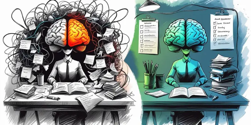 Sunday Reset Brain Routine Calm Split illustration for The Sunday Reset blog showing a chaotic brain with sticky notes and a calm brain with a checklist, representing the transition from stress to calm with routines.