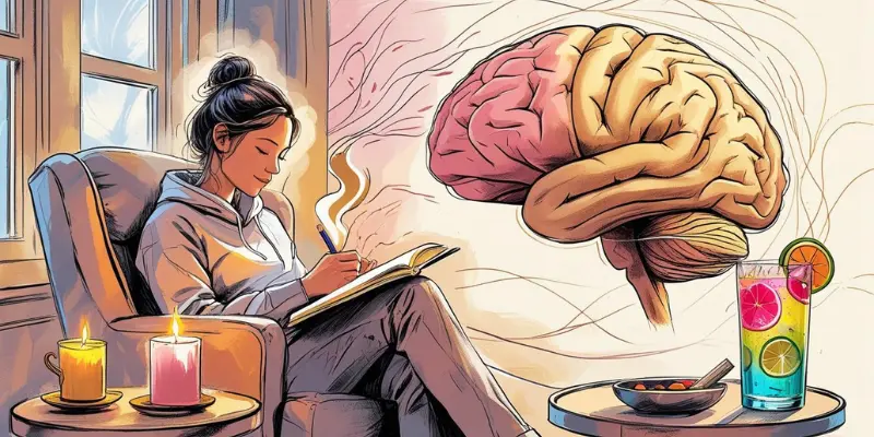 Sunday Reset Self Care Reward Ritual Illustration for The Sunday Reset blog showing a person journaling with a candle and mocktail, alongside a brain symbolizing self-care’s reward system recharge.