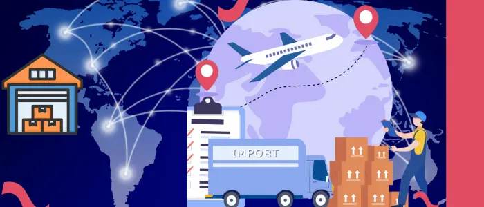 Supply Chain Management Logistics Global Shipping Inventory Transportation Illustration of global supply chain and logistics showing a warehouse, cargo truck labeled "Import," airplane, stacked shipping boxes, and a worker managing inventory with a clipboard against a world map background with connected trade routes.