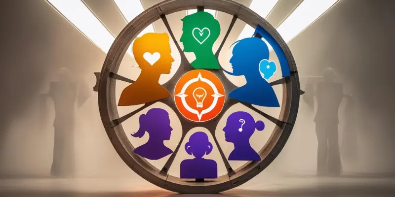 Support Crew Roles Wheel Colorful wheel with silhouettes representing support crew roles, including gaps, for a social circle audit step on personal growth.