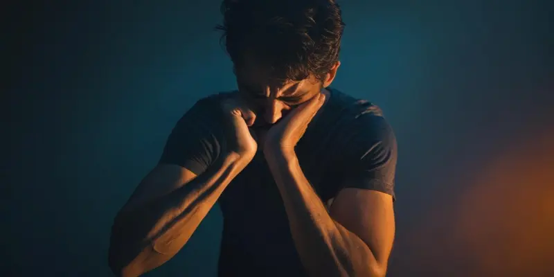 Suppressed Emotional Pain Man Man with head bowed, hands covering mouth, symbolizing suppressed emotional pain.