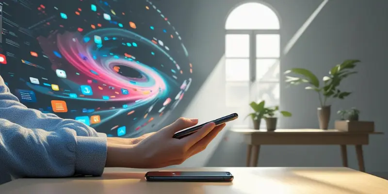 Switch Off Chatter Digital Detox Phone Hand holding phone with swirling notifications fading in room, symbolizing switching off chatter during digital detox.