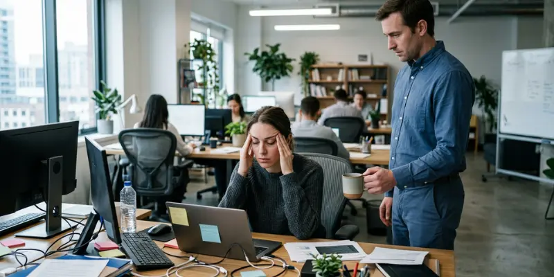 A standing man handing a mug to a seated woman who is rubbing her temples at a cluttered office desk.